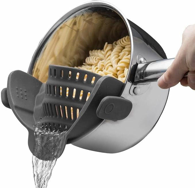 Kitchen Gizmo Snap N' Strain - Silicone Clip-On Colander, Heat Resistant Drainer for Vegetables and Pasta Noodles, Kitchen Gadgets for Bowl, Pots, and Pans - Essential Home Cooking Tools - Grey