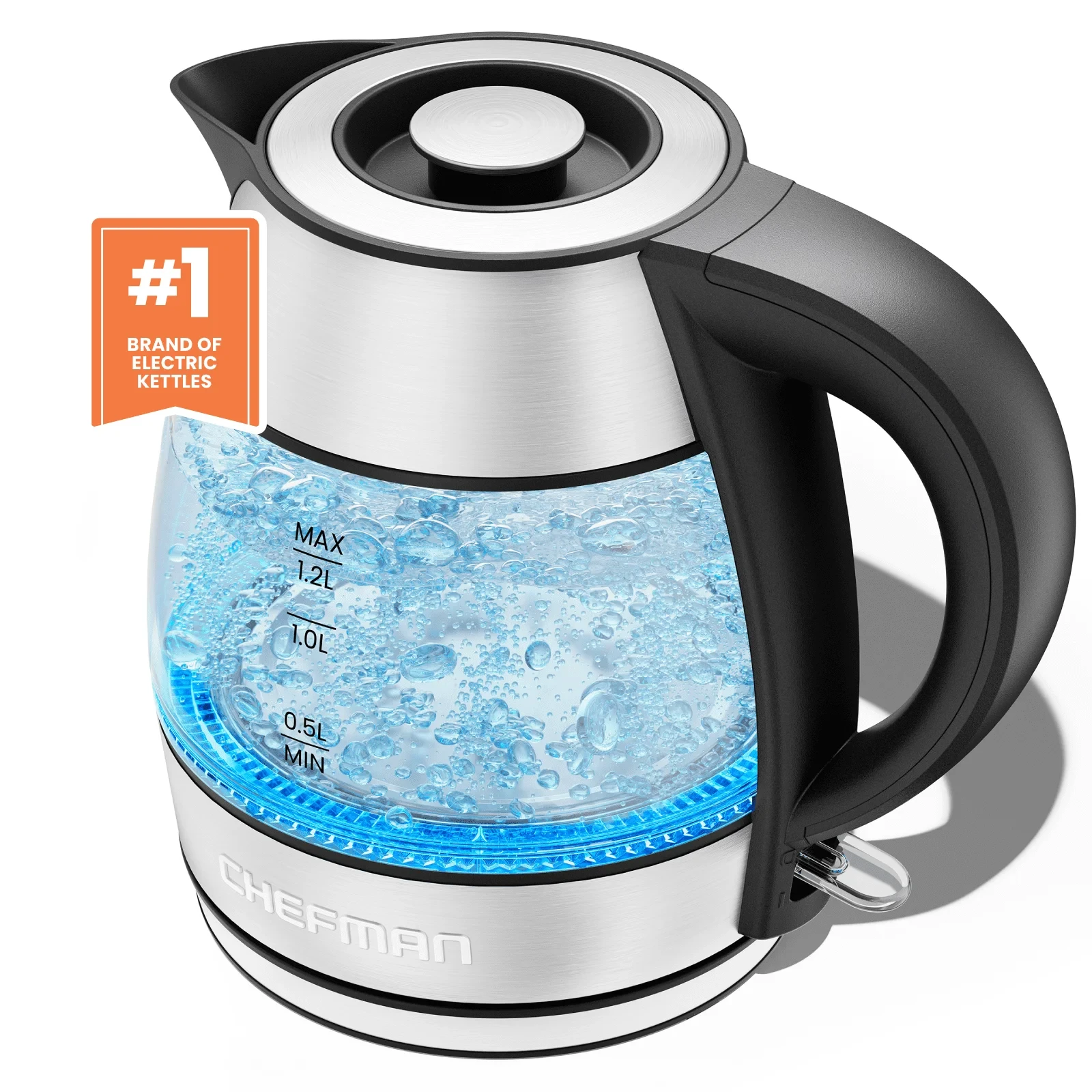 Chefman Rapid Boil 1.2L Electric Tea Kettle w/ Removable Lid - Stainless Steel, New